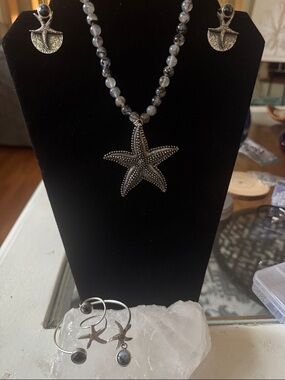 Silver Starfish Dendritic Agate and Spider Web Agate Beads Jewelry Set